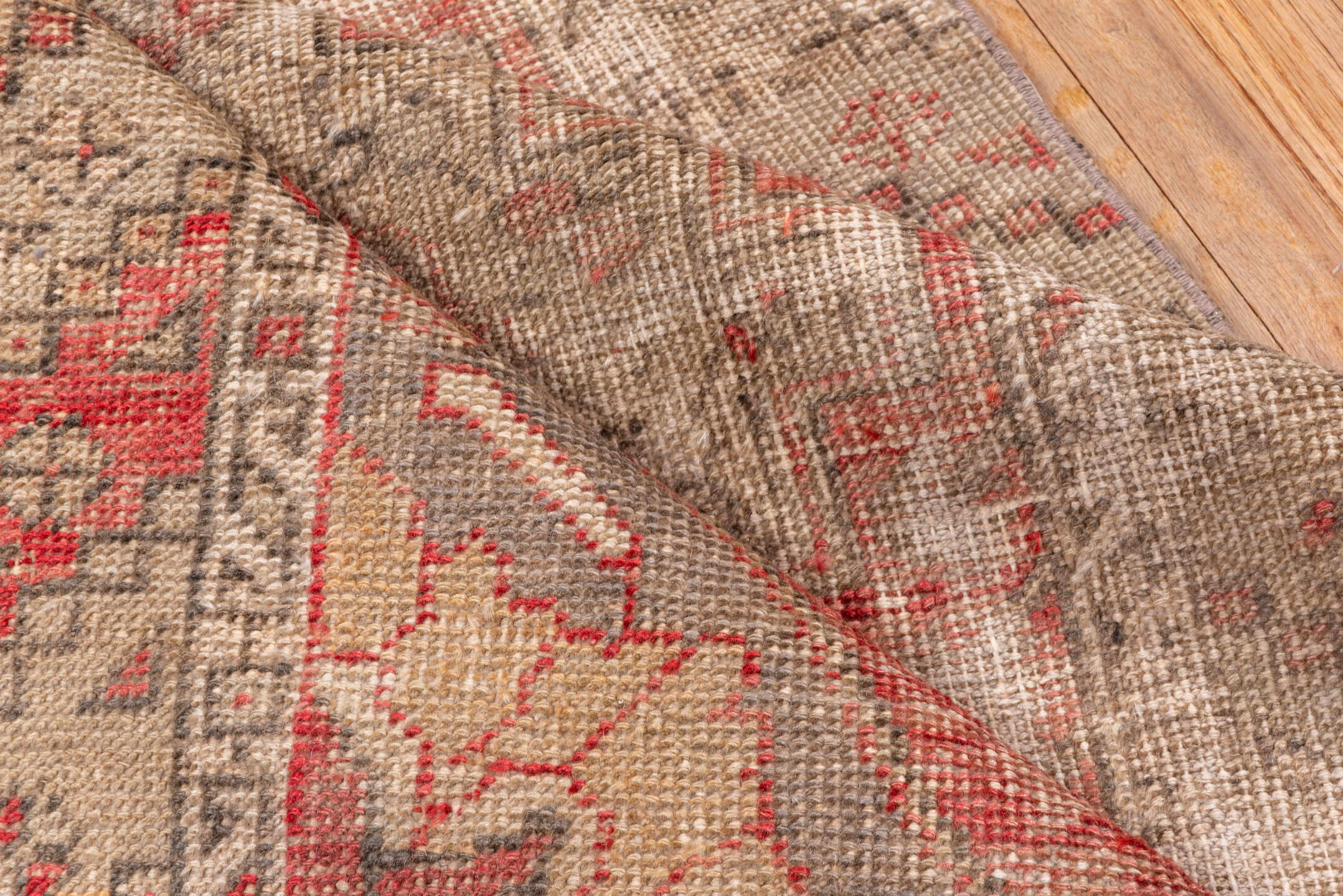 2' x 9' one-of-a-kind handmade vintage Oushak runner rug. Color palette: red, pink, brown, off-white, white, snow