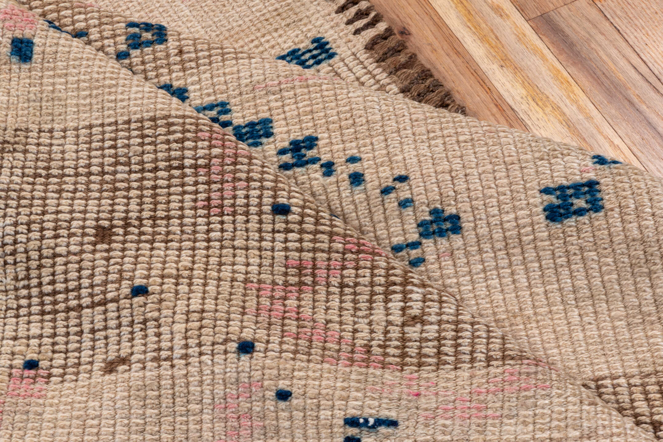 2' x 11' one-of-a-kind handmade vintage Oushak runner rug. Color palette: blue, brown, dark gray, gray, light gray