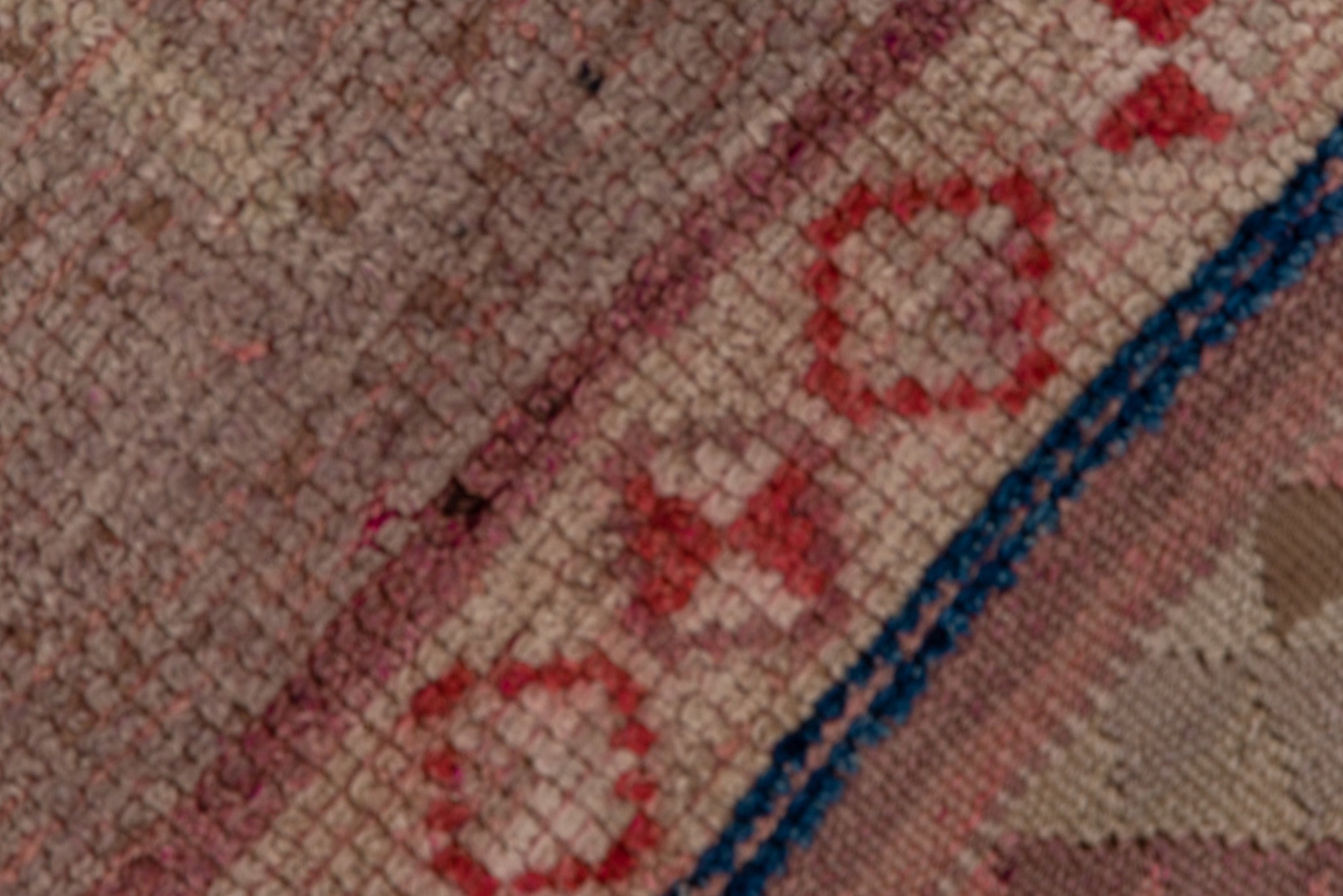 2' x 9' one-of-a-kind handmade vintage Oushak runner rug. Color palette: blue, brown, gray, pink, red