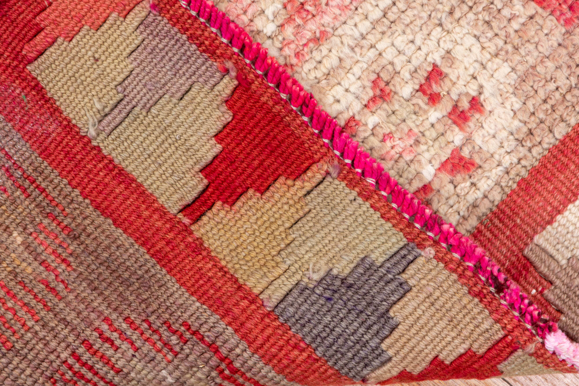 3' x 11' one-of-a-kind handmade vintage Oushak runner rug. Color palette: brown, indian red, off-white, orange, pink, red