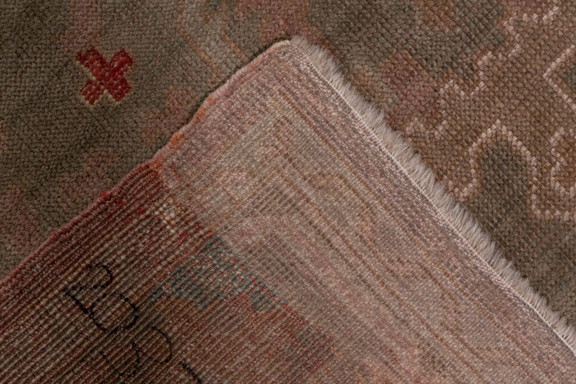 4' x 16' one-of-a-kind handmade vintage Oushak runner rug. Color palette: brown, gray, off-white, pink, red, snow, white