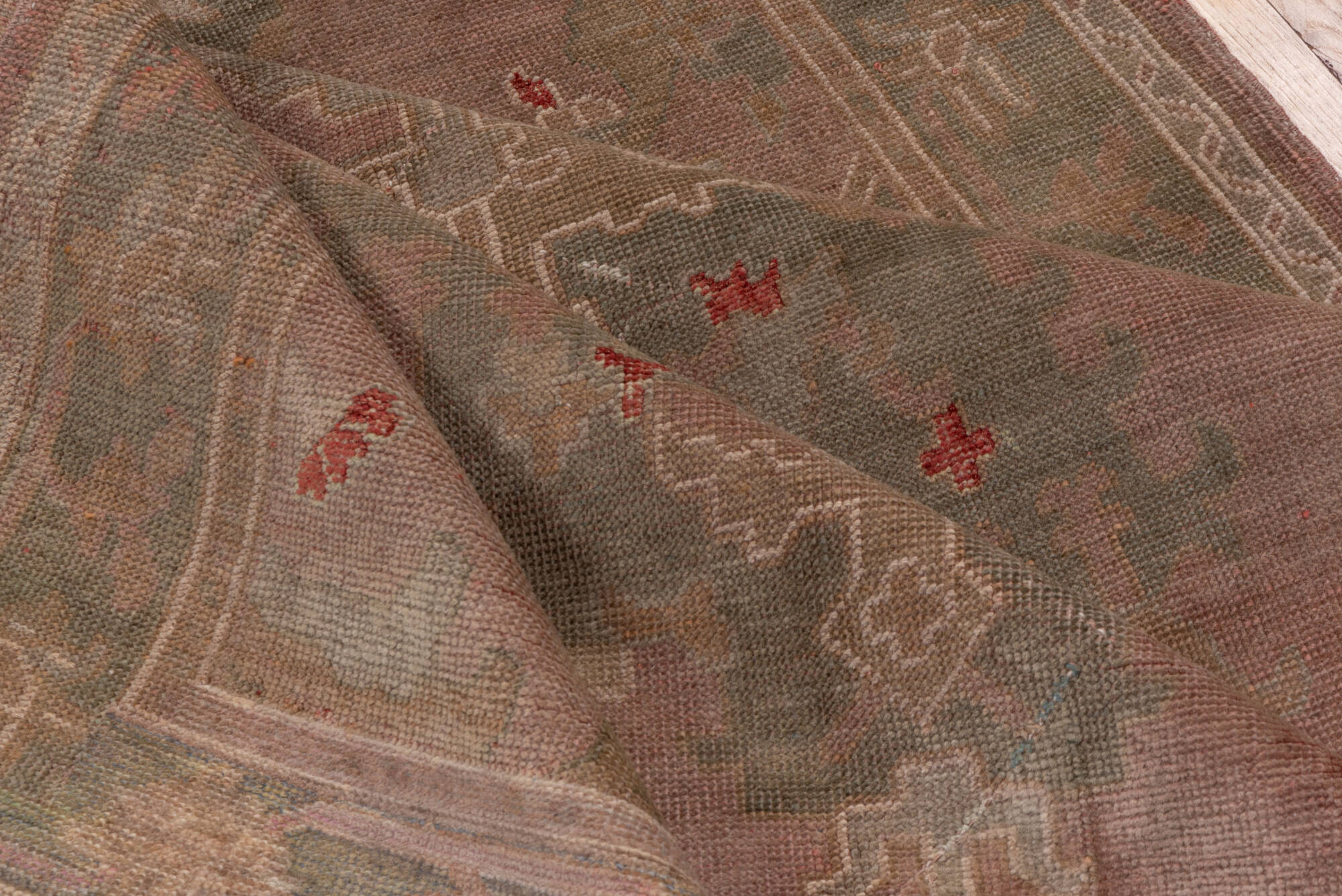 4' x 16' one-of-a-kind handmade vintage Oushak runner rug. Color palette: brown, gray, off-white, pink, red, snow, white