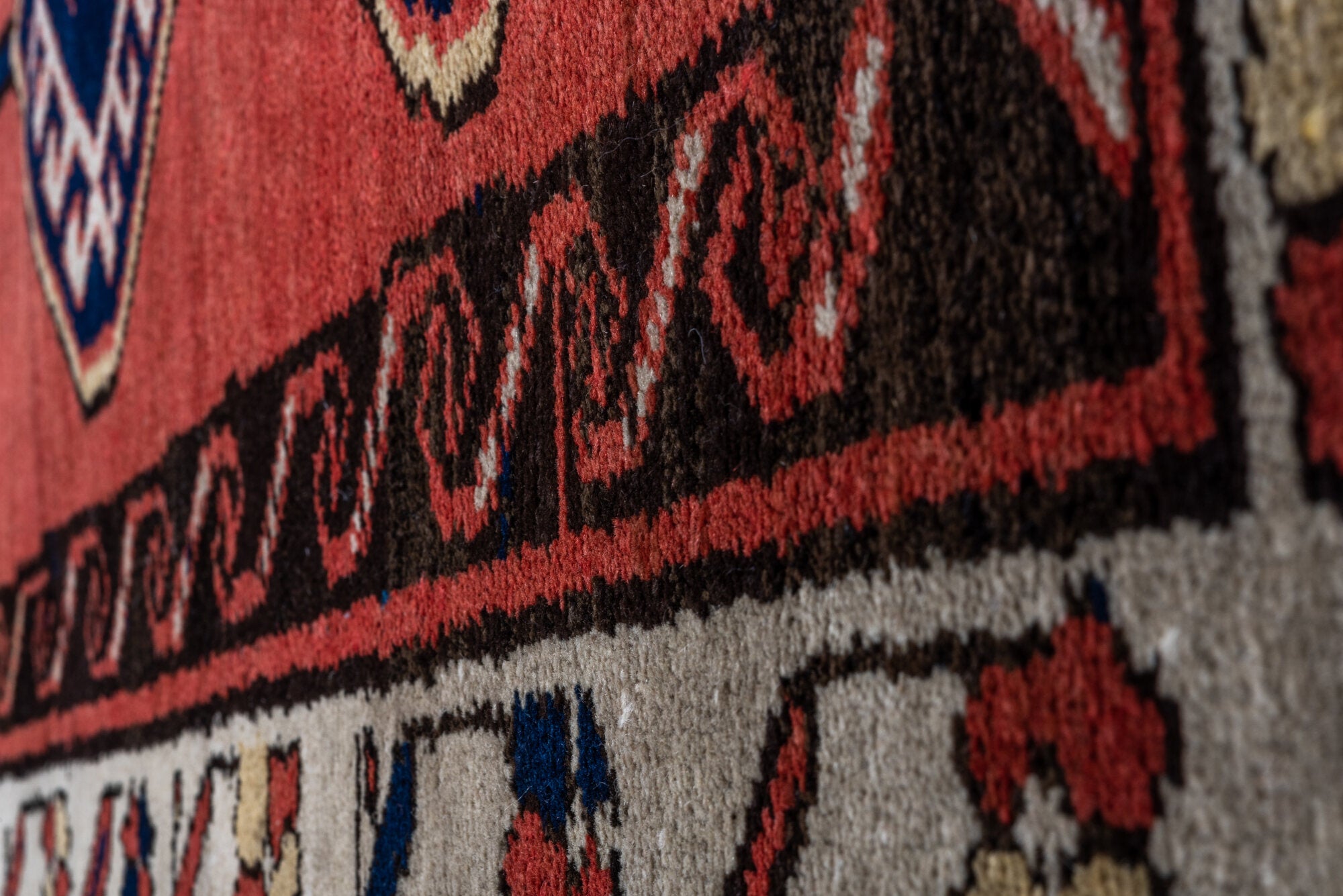 2' x 9' one-of-a-kind handmade vintage Sarab runner rug. Color palette: black, brown, gray, off-white, pink, red, snow