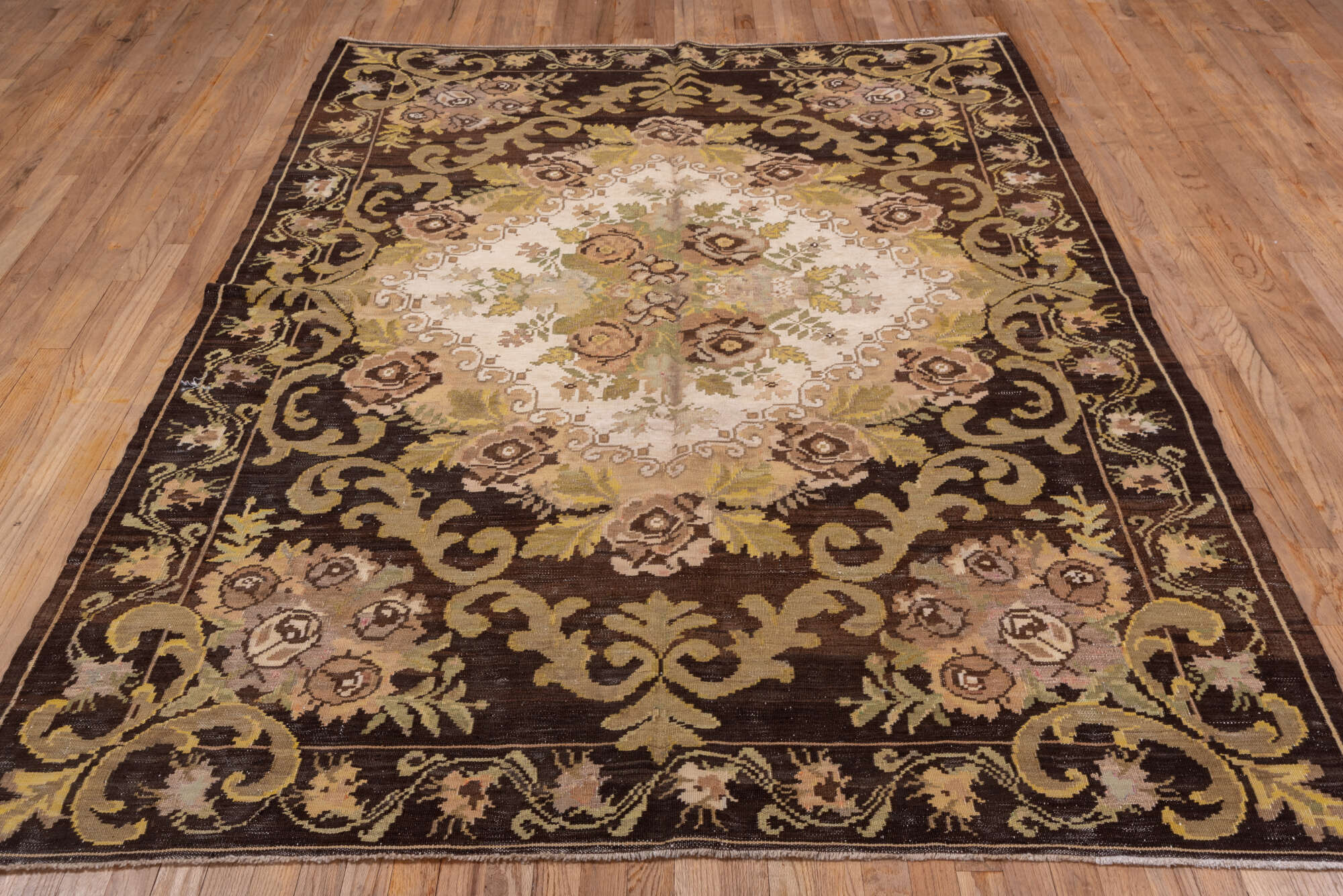 6' x 8' one-of-a-kind handmade vintage Kilim medium size rug. Color palette: brown, burlywood, gray, orange, pink, tan