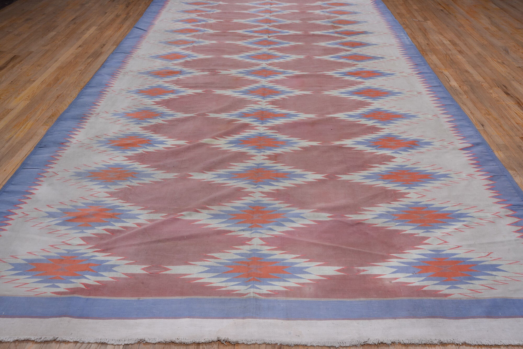 9' x 16' one-of-a-kind handmade vintage Dhurrie rug. Color palette: blue, dark gray, gray, light gray, off-white, pink, red
