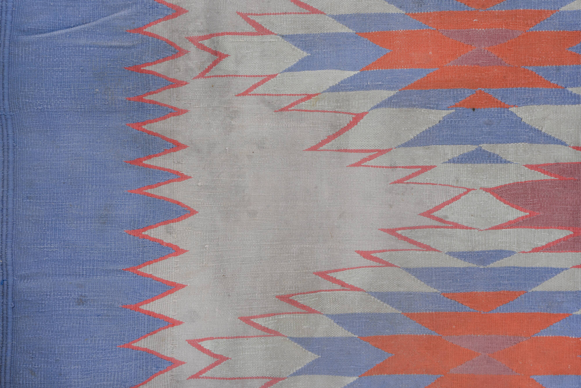 9' x 16' one-of-a-kind handmade vintage Dhurrie rug. Color palette: blue, dark gray, gray, light gray, off-white, pink, red