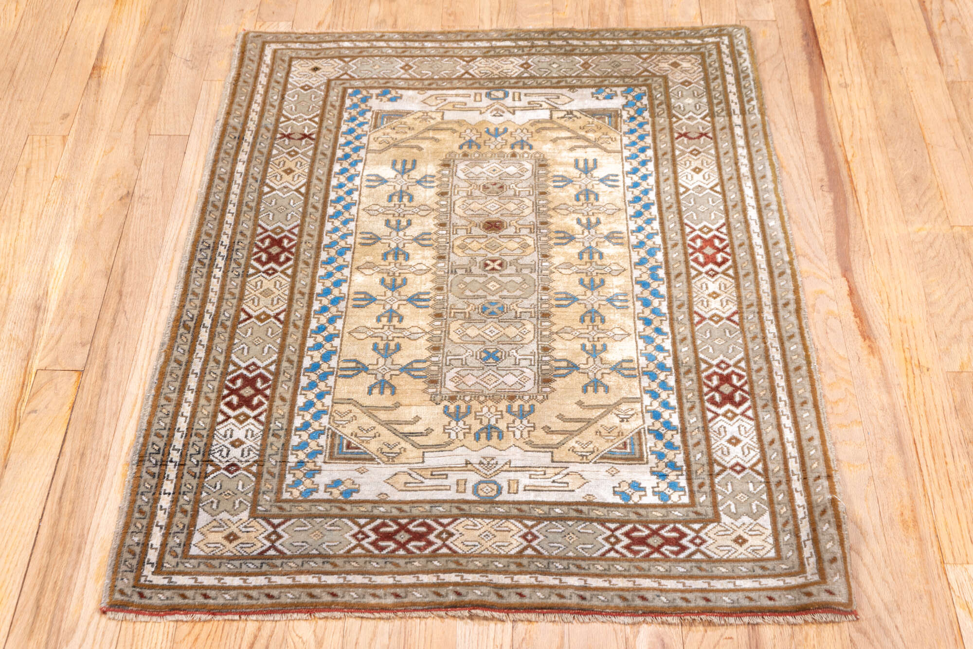 2' x 4' one-of-a-kind handmade vintage Sivas small size rug. Color palette: blue, brown, gray, light gray, light slate gray