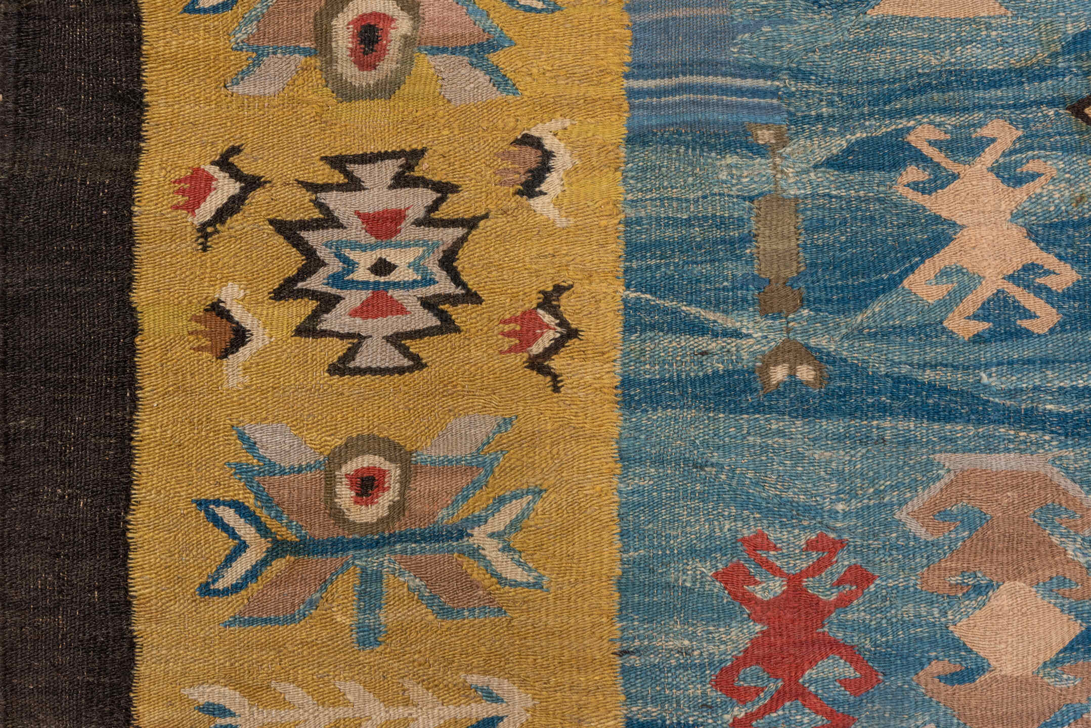 6' x 8' one-of-a-kind handmade vintage Besserabian medium size rug. Color palette: gray, brown, off-white, pink, blue
