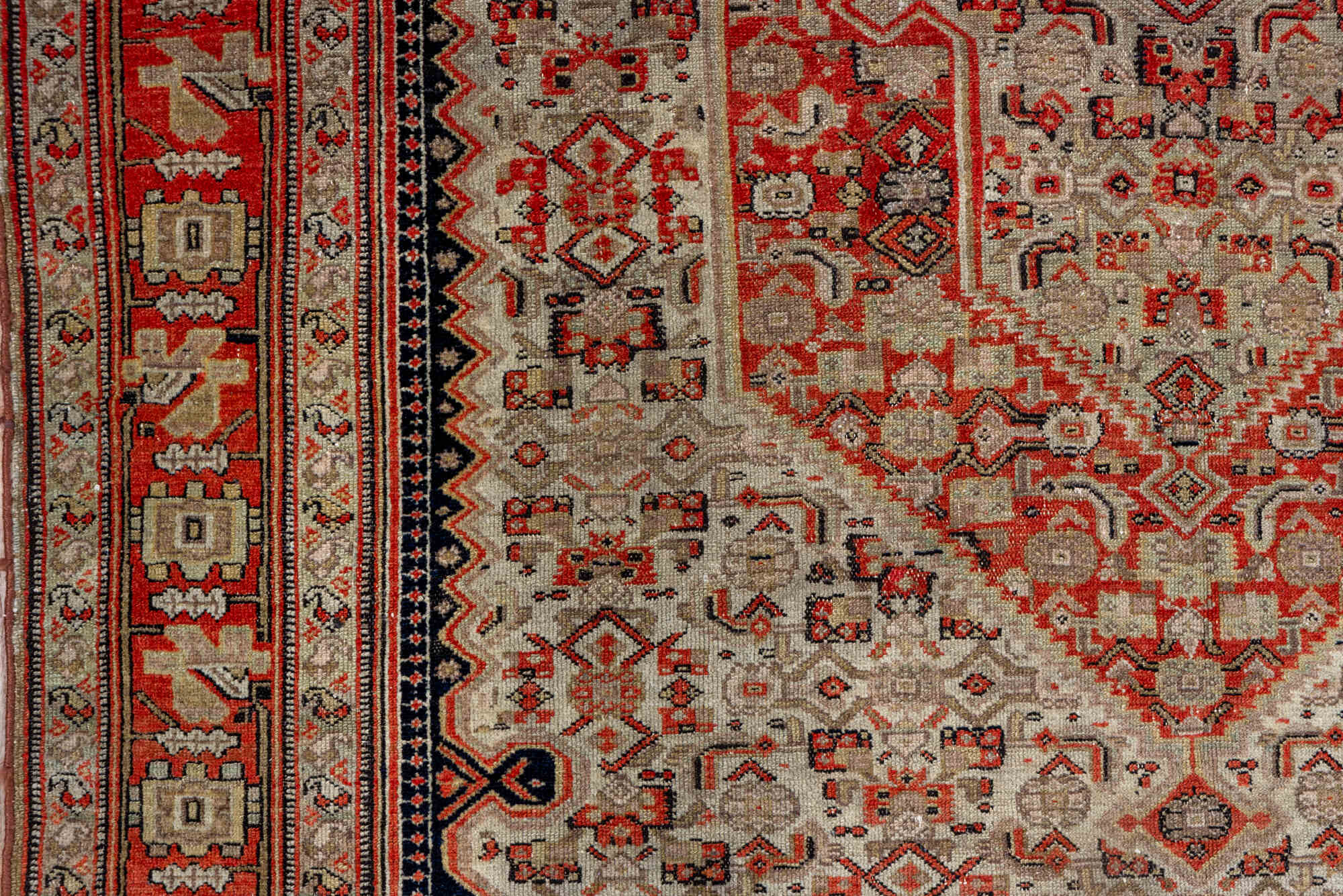 4' x 6' one-of-a-kind handmade vintage Senne small size rug. Color palette: black, brown, gray, pink, red