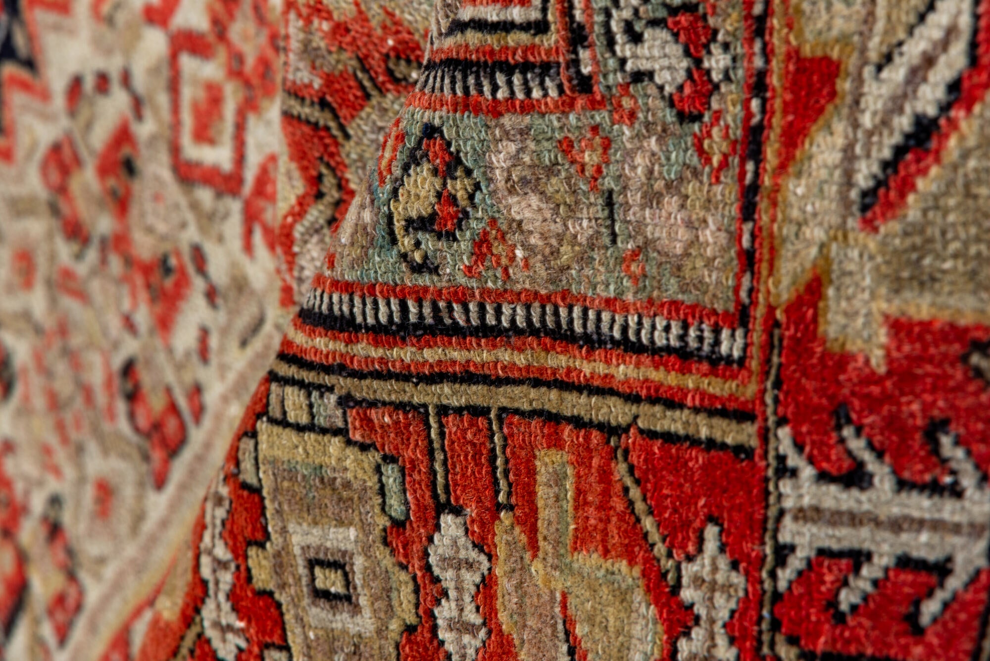 4' x 6' one-of-a-kind handmade vintage Senne small size rug. Color palette: black, brown, gray, pink, red