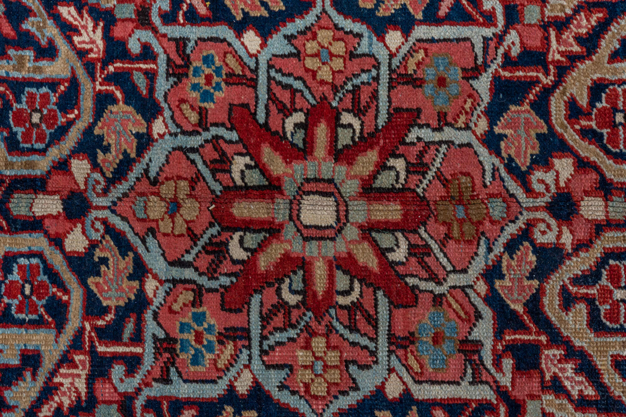 7' x 10' one-of-a-kind handmade vintage Heriz large size rug. Color palette: blue, brown, dim gray, gray, light gray