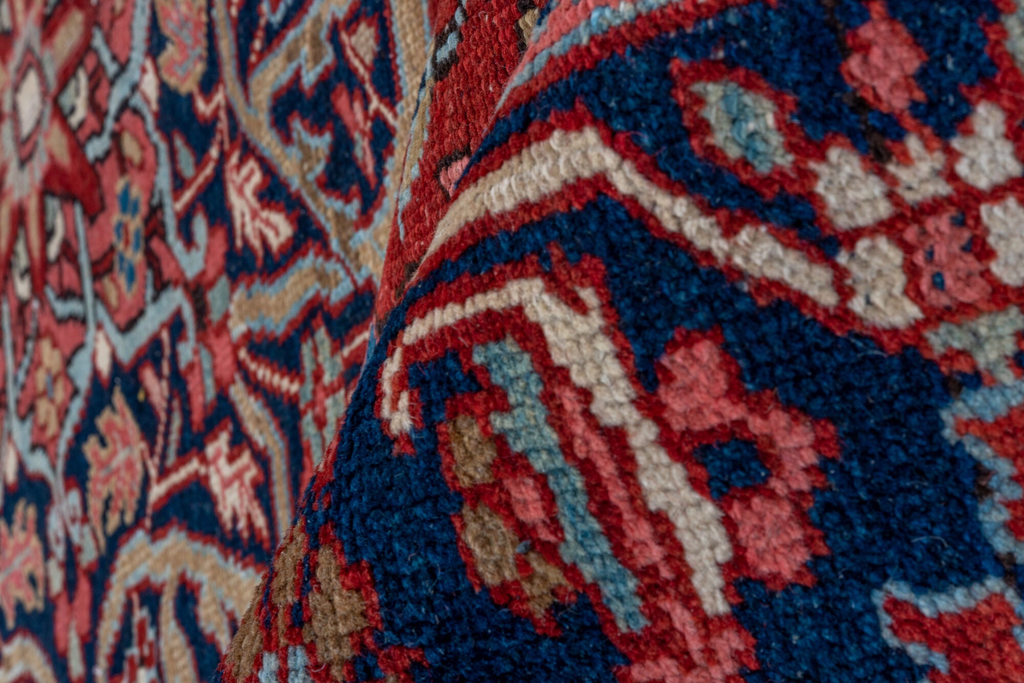 7' x 10' one-of-a-kind handmade vintage Heriz large size rug. Color palette: blue, brown, dim gray, gray, light gray