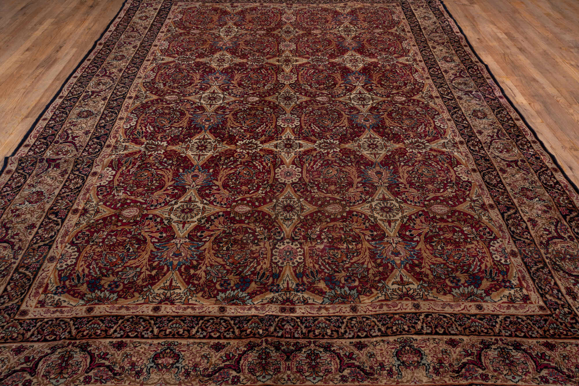 8' x 12' one-of-a-kind handmade vintage Lavar large size rug. Color palette: black, blue, brown, gray, pink, red