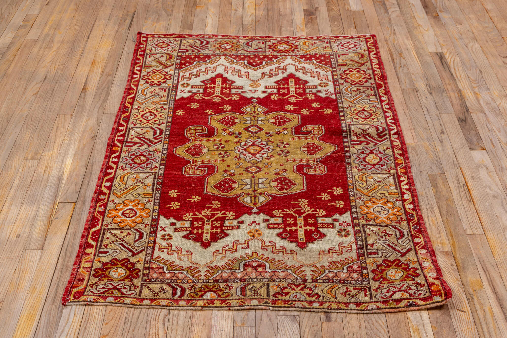 3' x 5' one-of-a-kind handmade vintage Oushak small size rug. Color palette: brown, fire brick, maroon, off-white, orange
