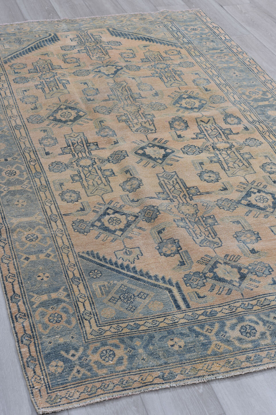 4' x 7' one-of-a-kind handmade vintage Malayer rug. Color palette: gray, black, light gray, off-white, pink, blue, dark gray