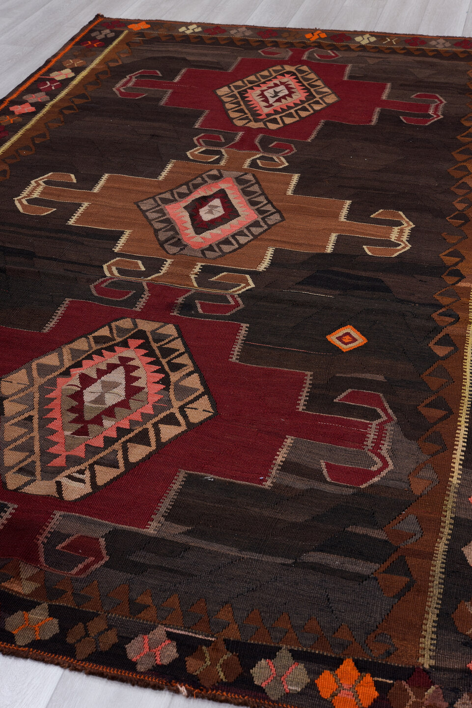 6' x 12' one-of-a-kind handmade vintage Kilim large size rug. Color palette: brown, yellow, red, black, gray, off-white