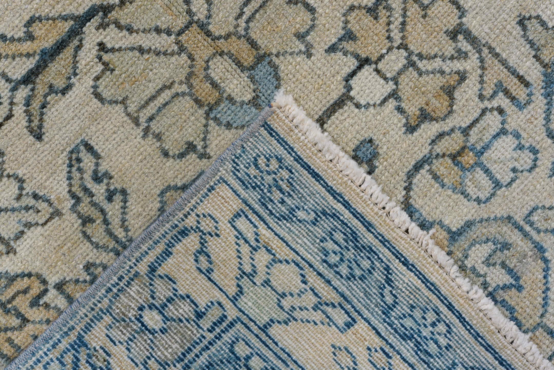 3' x 9' one-of-a-kind handmade vintage Malayer runner rug. Color palette: gray, black, light gray, off-white, blue, green