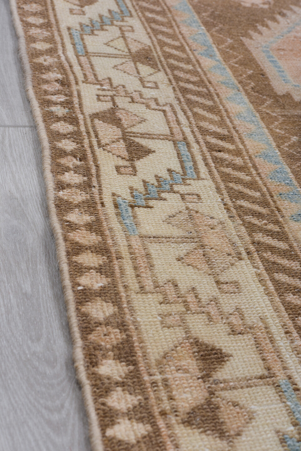 3' x 9' one-of-a-kind handmade vintage Malayer runner rug. Color palette: gray, pink, brown, light gray, off-white, orange