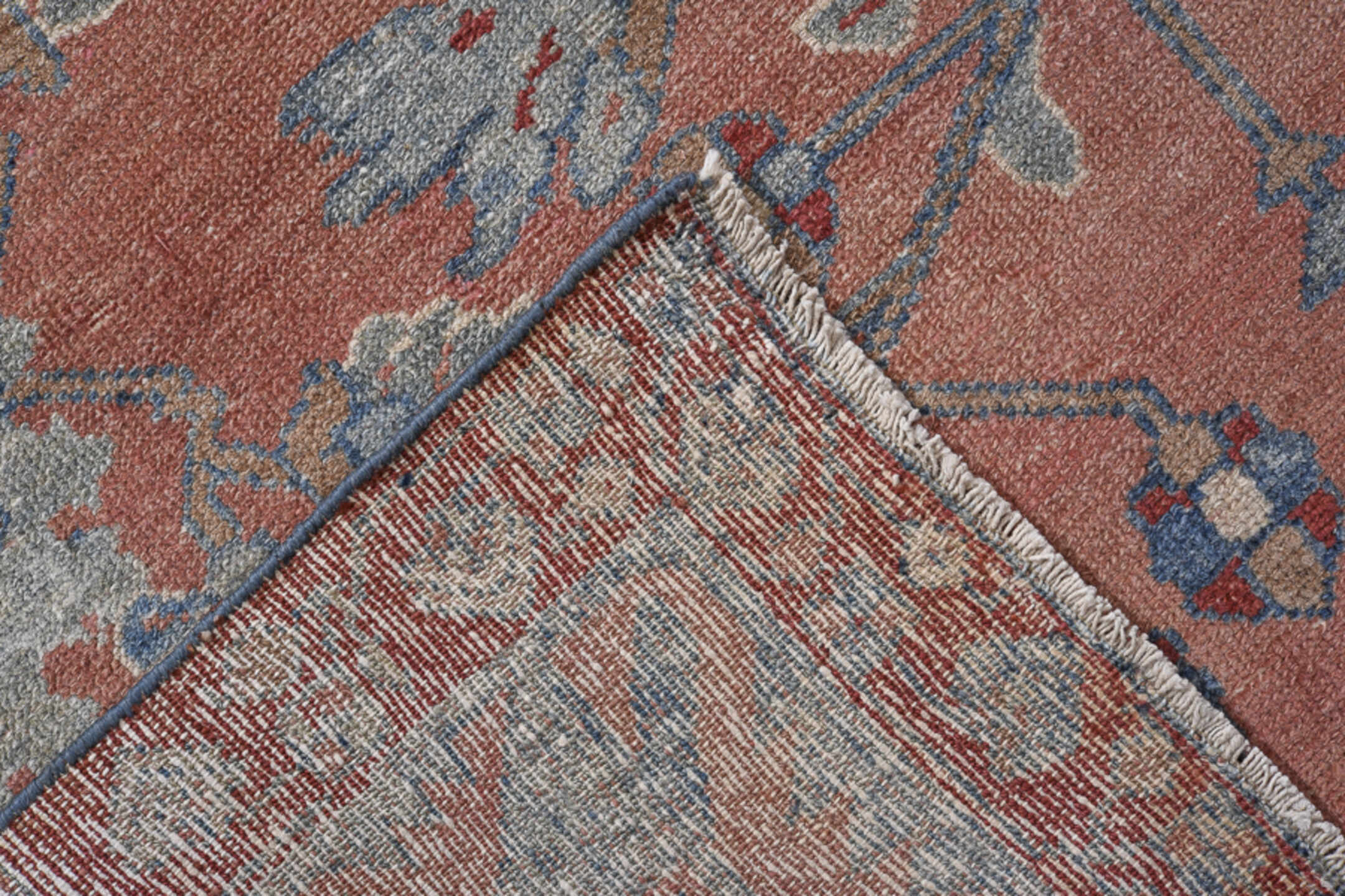 4' x 9' one-of-a-kind handmade vintage Lilian runner rug. Color palette: pink, gray, red, brown, blue, dark gray, slate gray