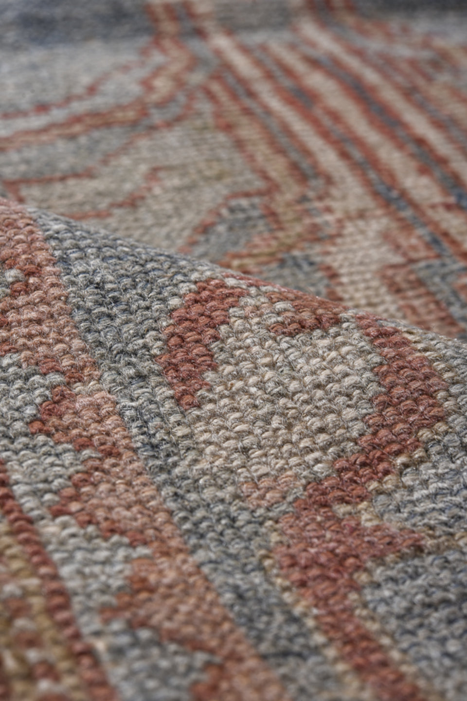 3' x 9' one-of-a-kind handmade vintage Lilian runner rug. Color palette: gray, blue, red, brown, light gray, off-white, pink