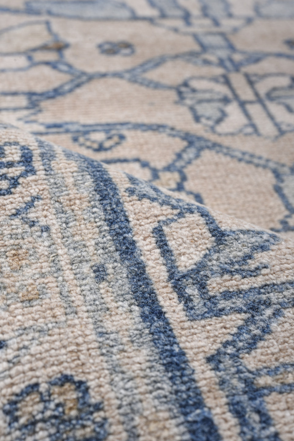 2' x 5' one-of-a-kind handmade vintage Lilian small size rug. Color palette: gray, light gray, off-white, blue, pink