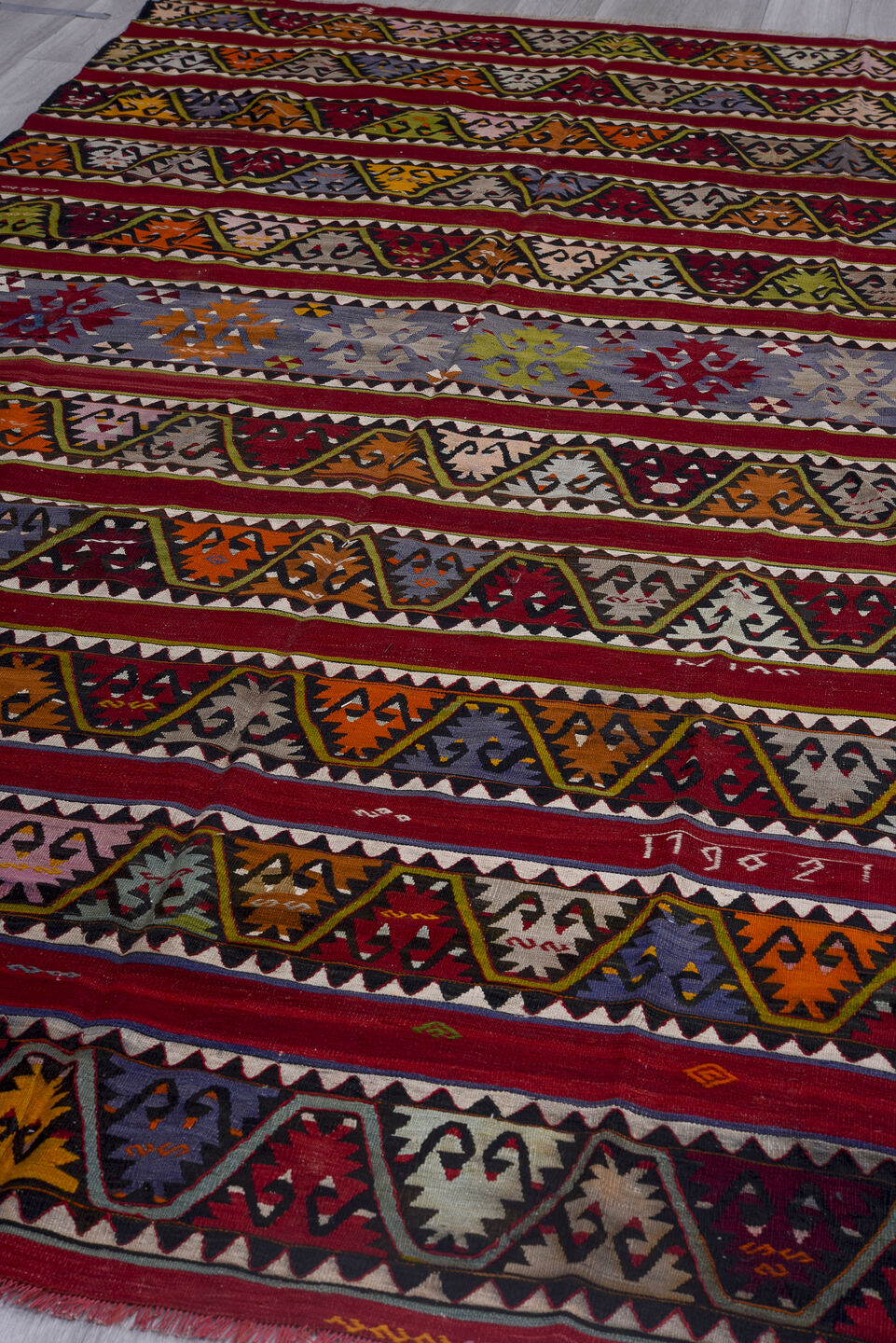 6' x 12' one-of-a-kind handmade vintage Kilim large size rug. Color palette: blue, brown, burgundy, dim gray, gainsboro