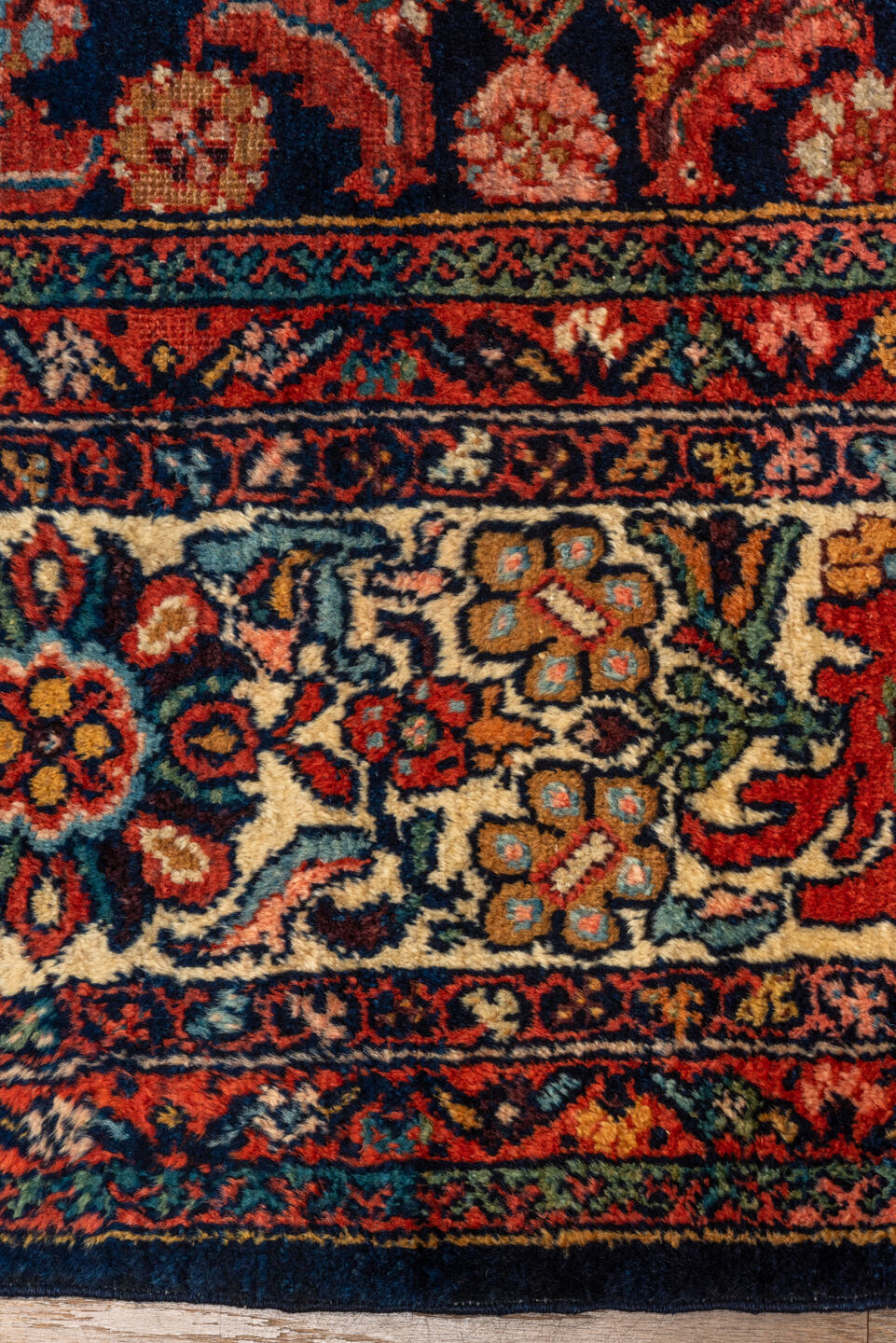 8' x 12' one-of-a-kind handmade vintage Mahal large size rug. Color palette: brown, red, off-white, blue, gray, maroon