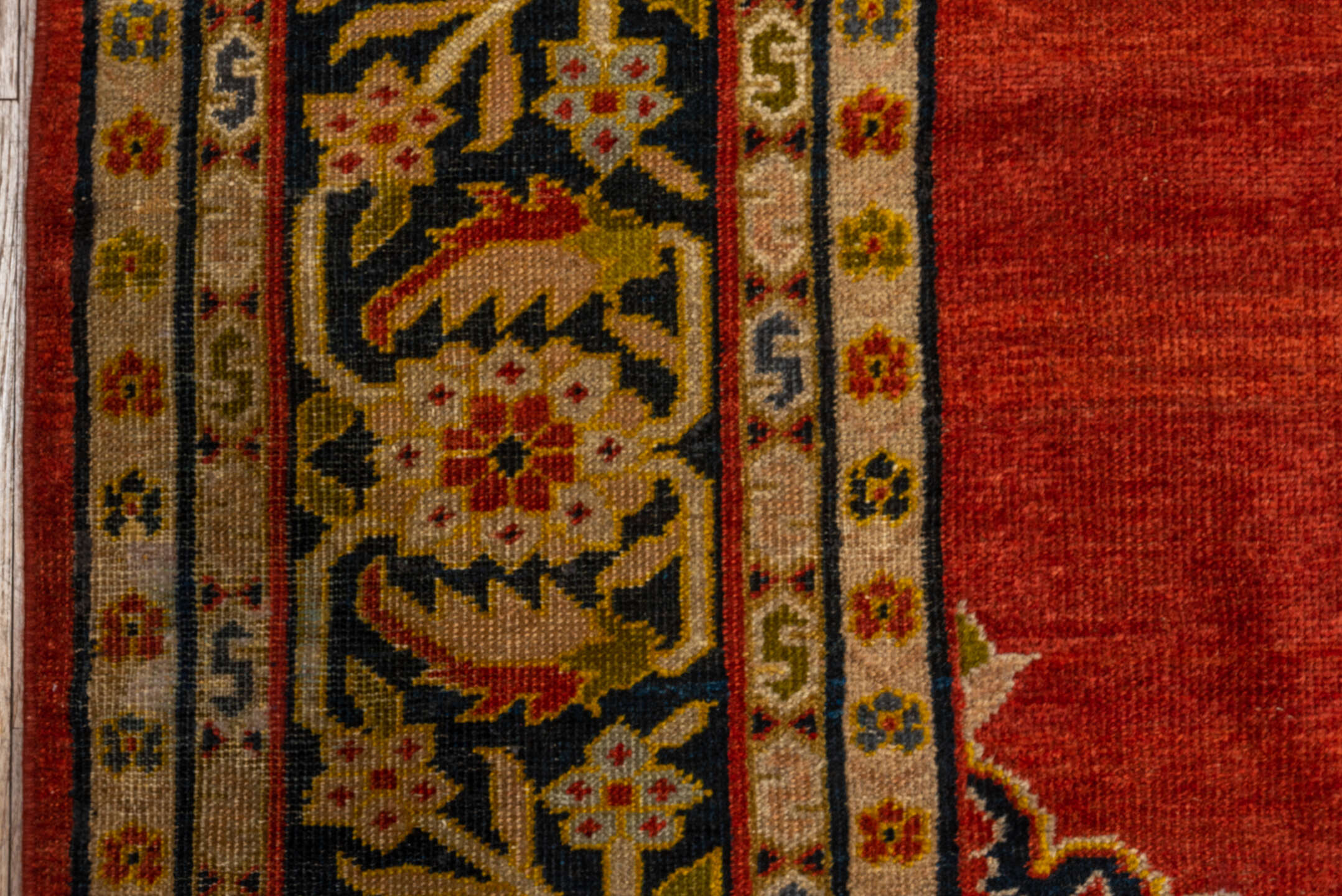 9' x 13' one-of-a-kind handmade vintage Sultanabad large size rug. Color palette: red, brown, gray, black, pink, yellow