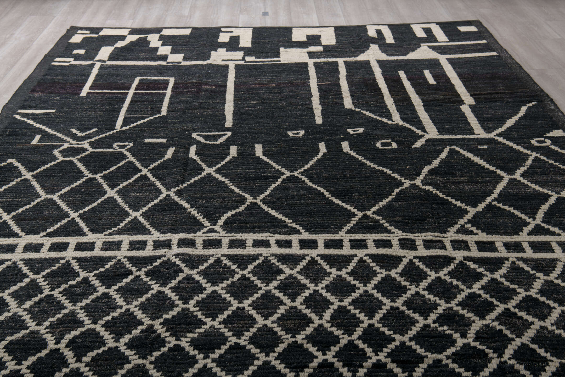 9' x 12' one-of-a-kind handmade vintage Tulu large size rug. Color palette: black, brown, charcoal, dark gray, dim gray