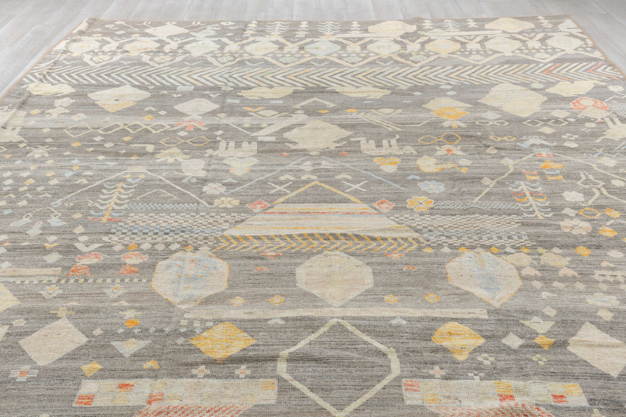 10' x 14' one-of-a-kind handmade vintage Tulu large size rug. Color palette: brown, burlywood, dim gray, gray, light gray