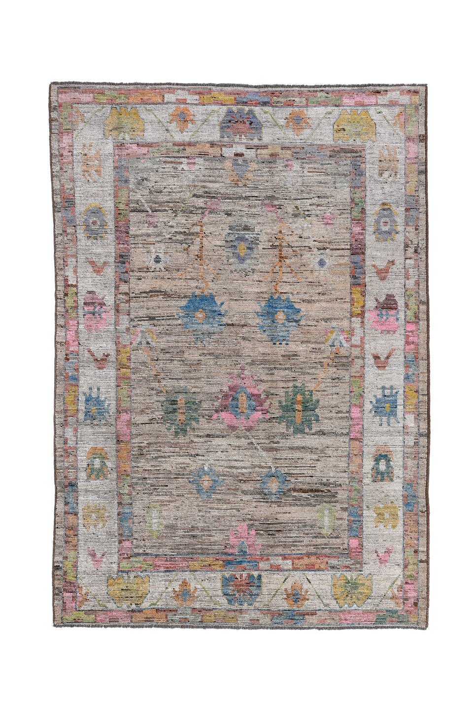 6' x 9' one-of-a-kind handmade vintage Oushak medium size rug. Color palette: off-white, gray, light gray, brown, blue, pink