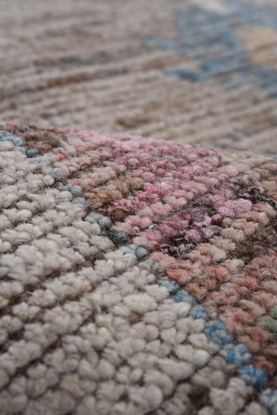 6' x 9' one-of-a-kind handmade vintage Oushak medium size rug. Color palette: off-white, gray, light gray, brown, blue, pink