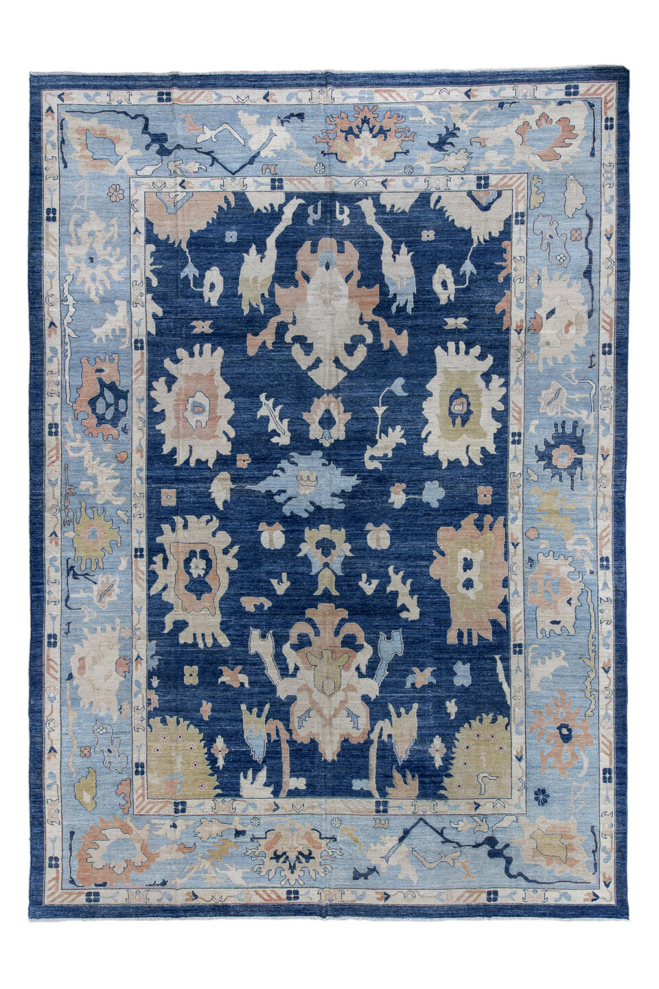 13' x 19' one-of-a-kind handmade vintage Oushak oversize rug. Color palette: blue, brown, gray, pink, red