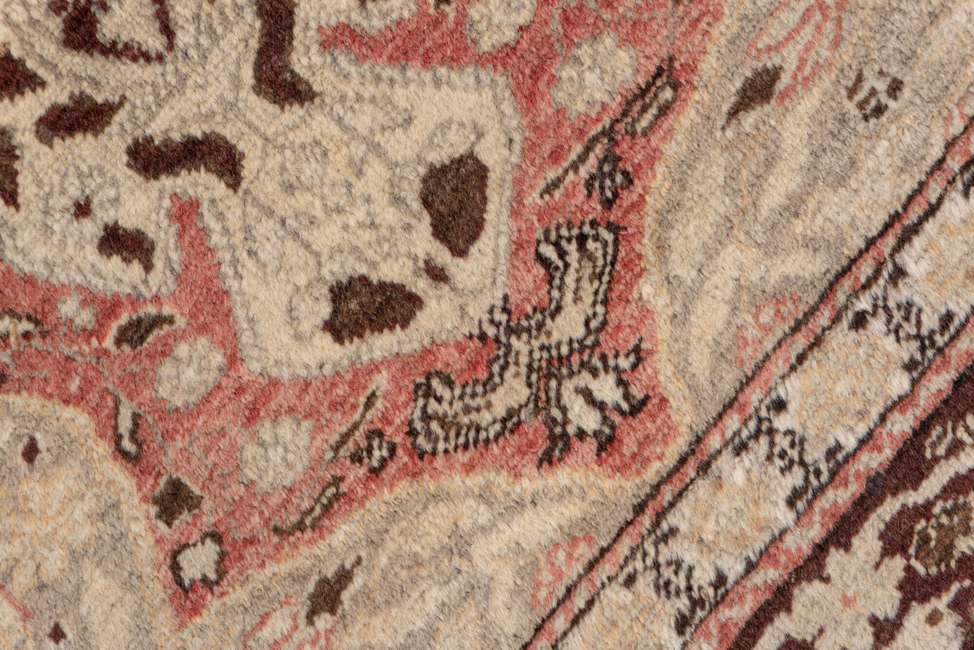 4' x 5' one-of-a-kind handmade vintage Oushak small size rug. Color palette: brown, gray, light gray, pink, red, redwood