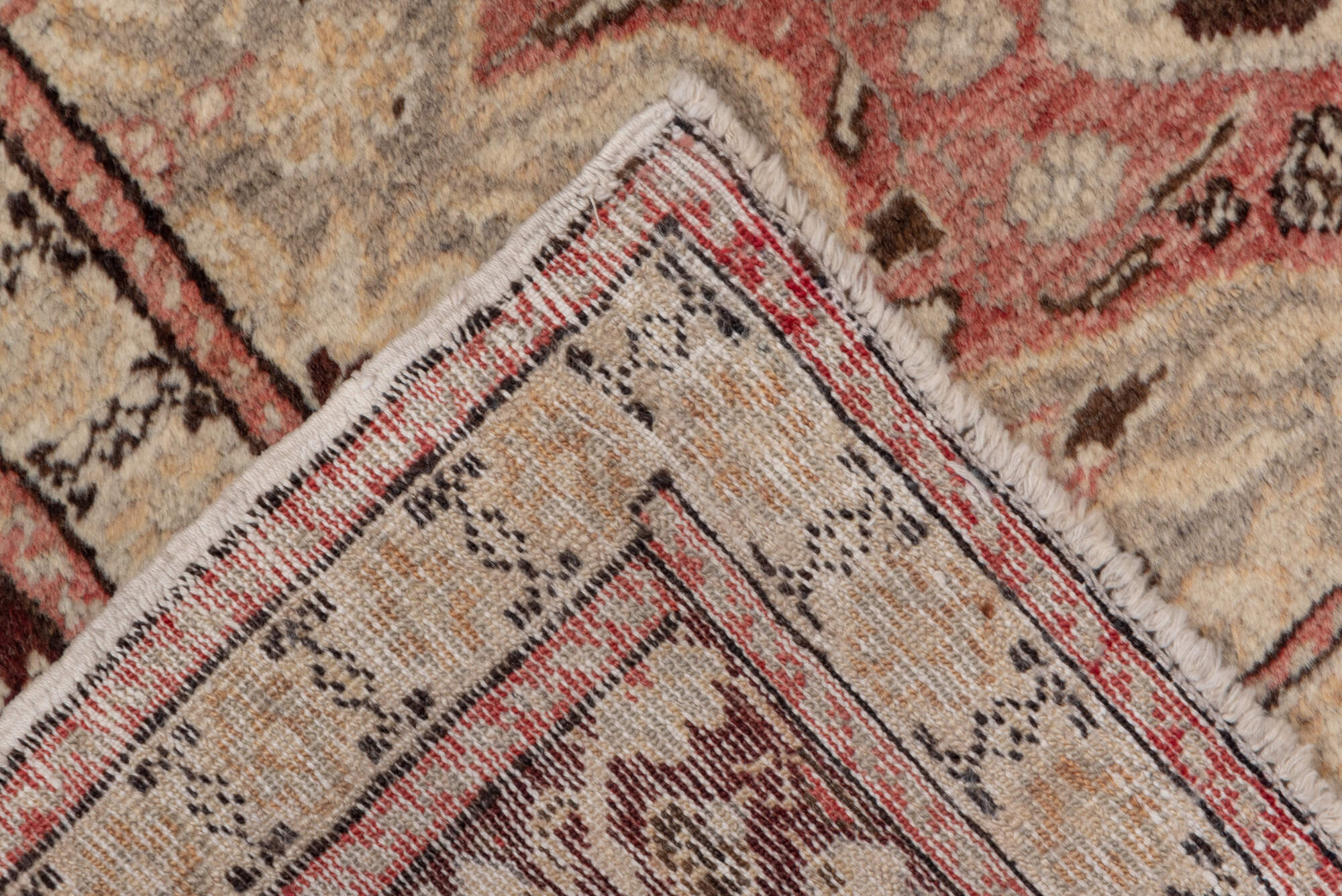 4' x 5' one-of-a-kind handmade vintage Oushak small size rug. Color palette: brown, gray, light gray, pink, red, redwood