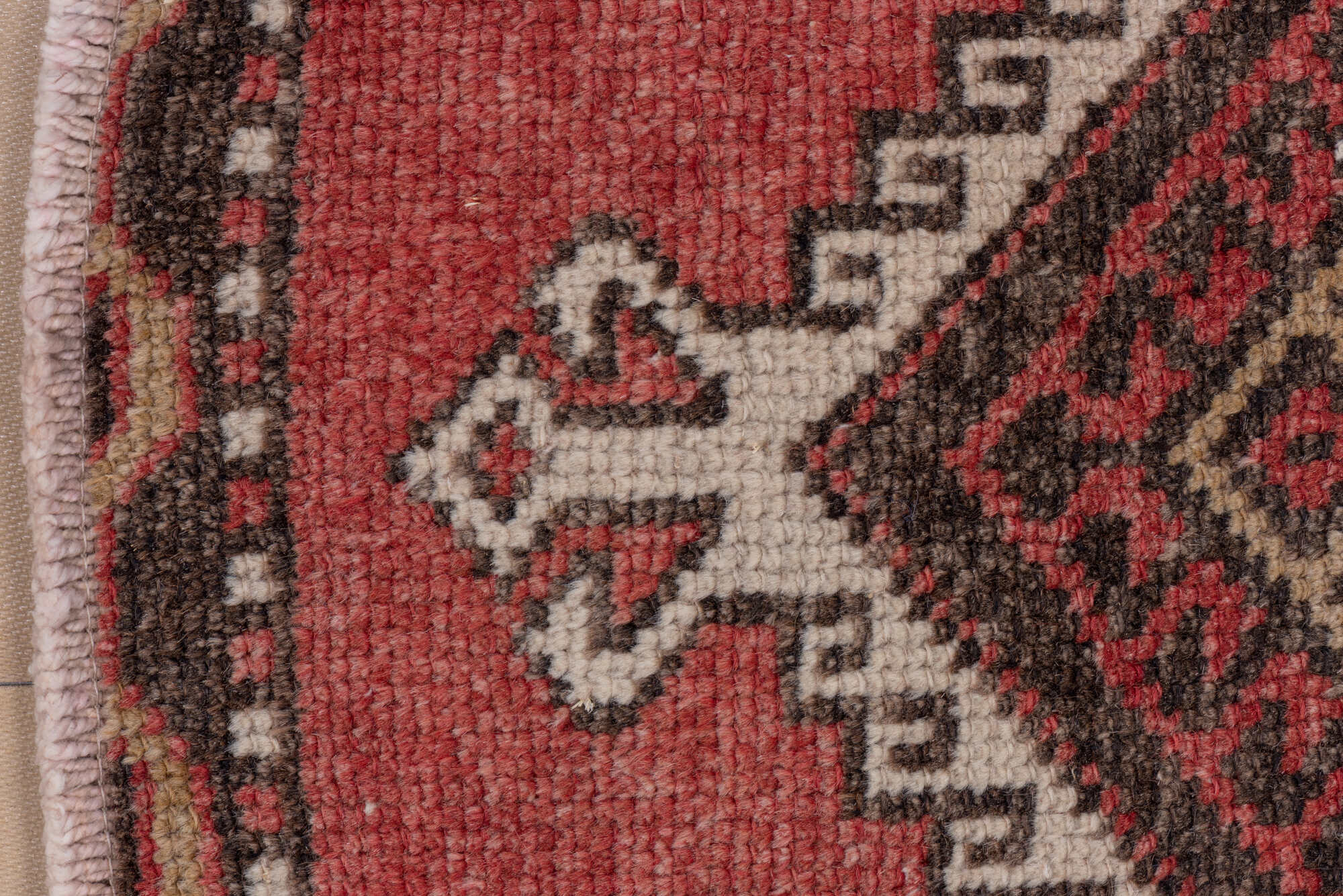 4' x 11' one-of-a-kind handmade vintage Oushak runner rug. Color palette: brown, gray, indian red, light gray, off-white