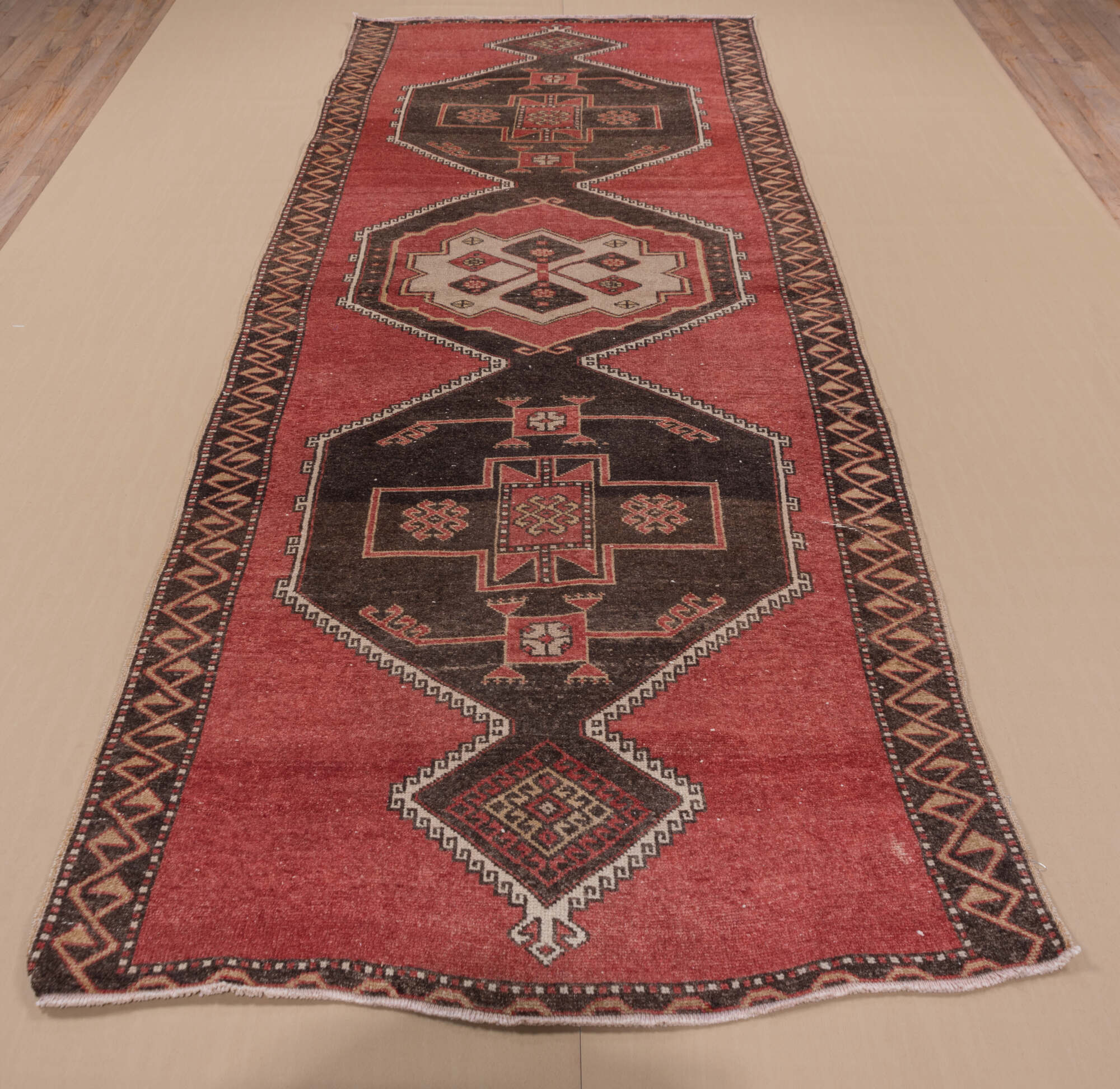 4' x 11' one-of-a-kind handmade vintage Oushak runner rug. Color palette: brown, gray, indian red, light gray, off-white