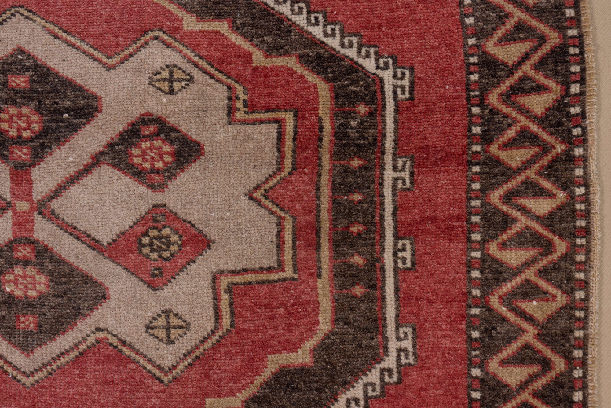 4' x 11' one-of-a-kind handmade vintage Oushak runner rug. Color palette: brown, gray, indian red, light gray, off-white