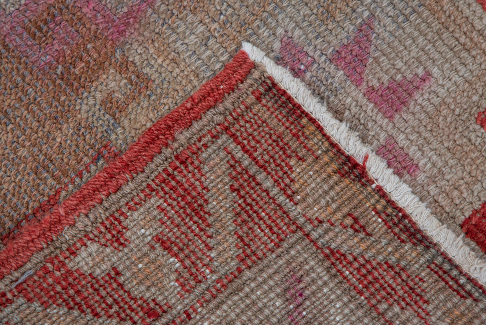 2' x 12' one-of-a-kind handmade vintage Oushak runner rug. Color palette: brown, gray, pink, red, rosy brown