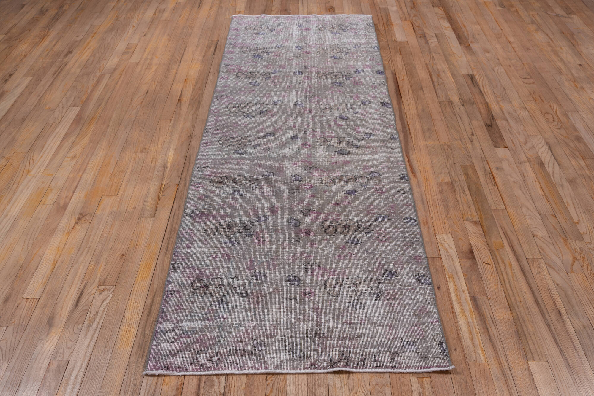 2' x 8' one-of-a-kind handmade vintage Overdyed runner rug. Color palette: dark gray, dim gray, gray, light gray, off-white
