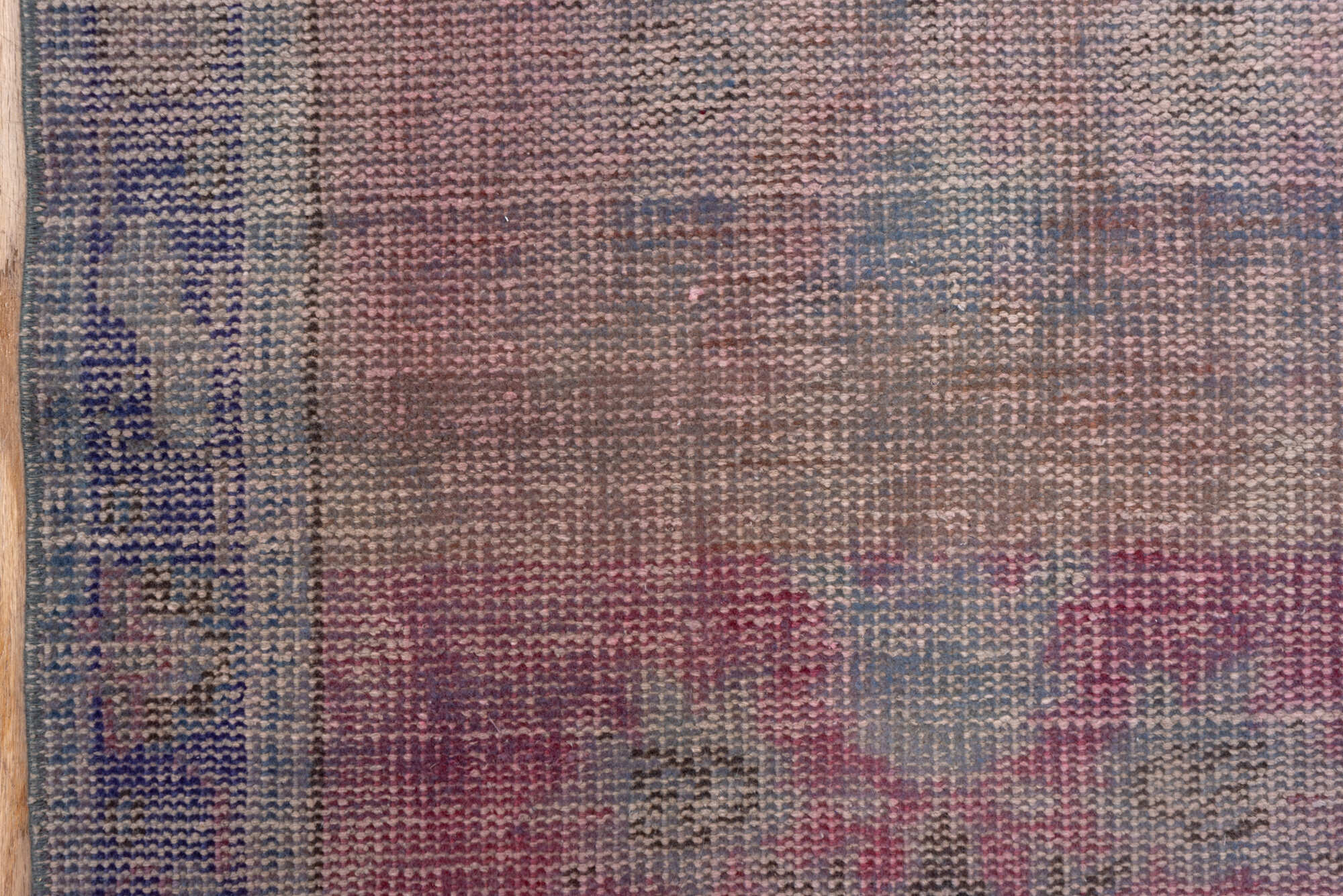 2' x 11' one-of-a-kind handmade vintage Overdyed runner rug. Color palette: brown, gray, off-white, pink, snow, white