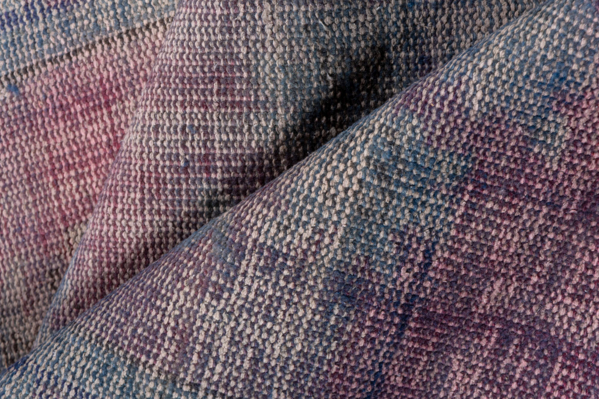 2' x 11' one-of-a-kind handmade vintage Overdyed runner rug. Color palette: brown, gray, off-white, pink, snow, white