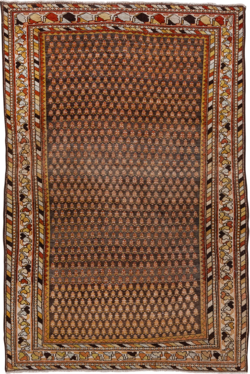 4' x 6' one-of-a-kind handmade vintage Malayer small size rug. Color palette: brown, gray, light gray, off-white