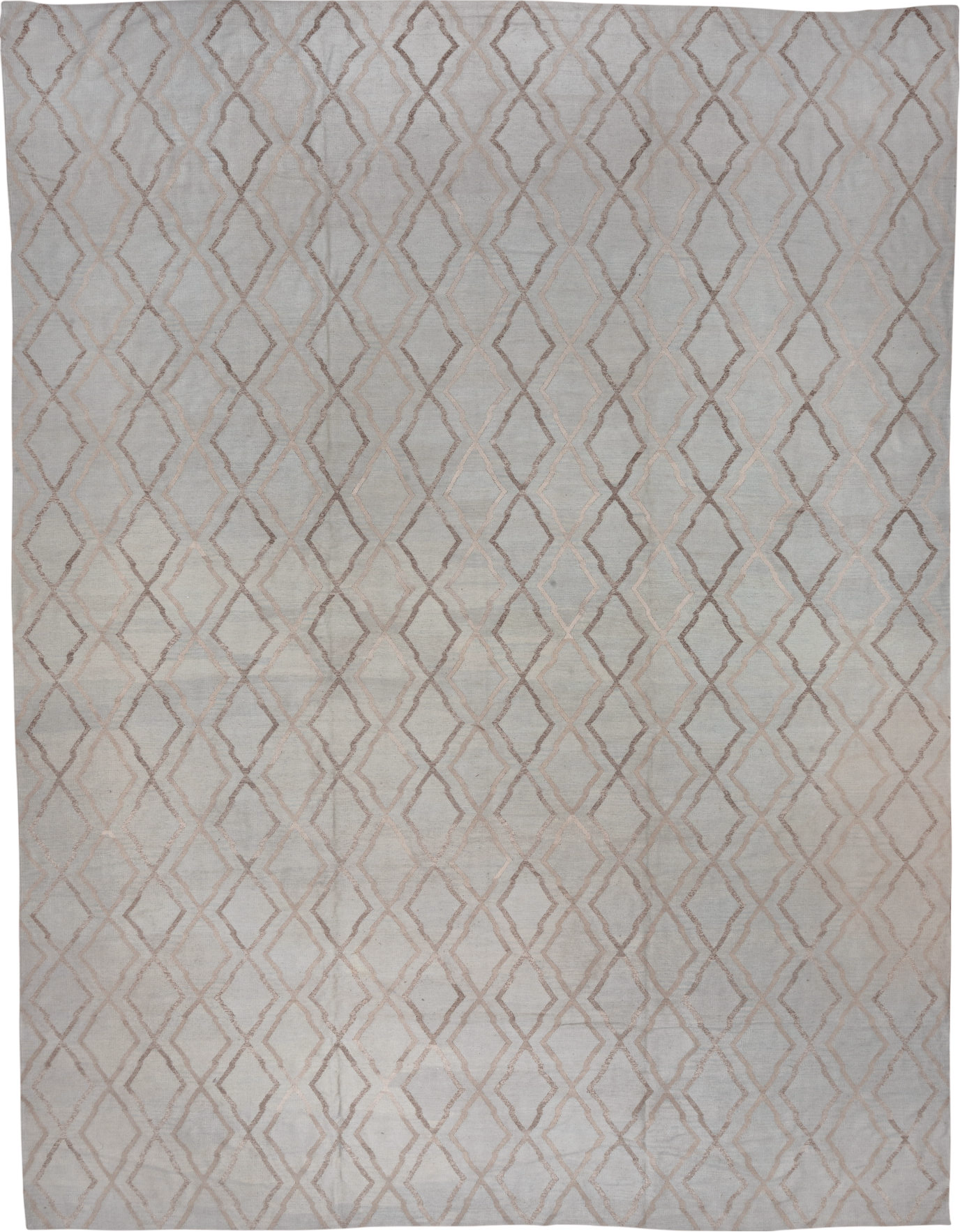 14' x 18' one-of-a-kind handmade vintage Kilim oversize rug. Color palette: dark gray, gray, light gray, off-white, silver