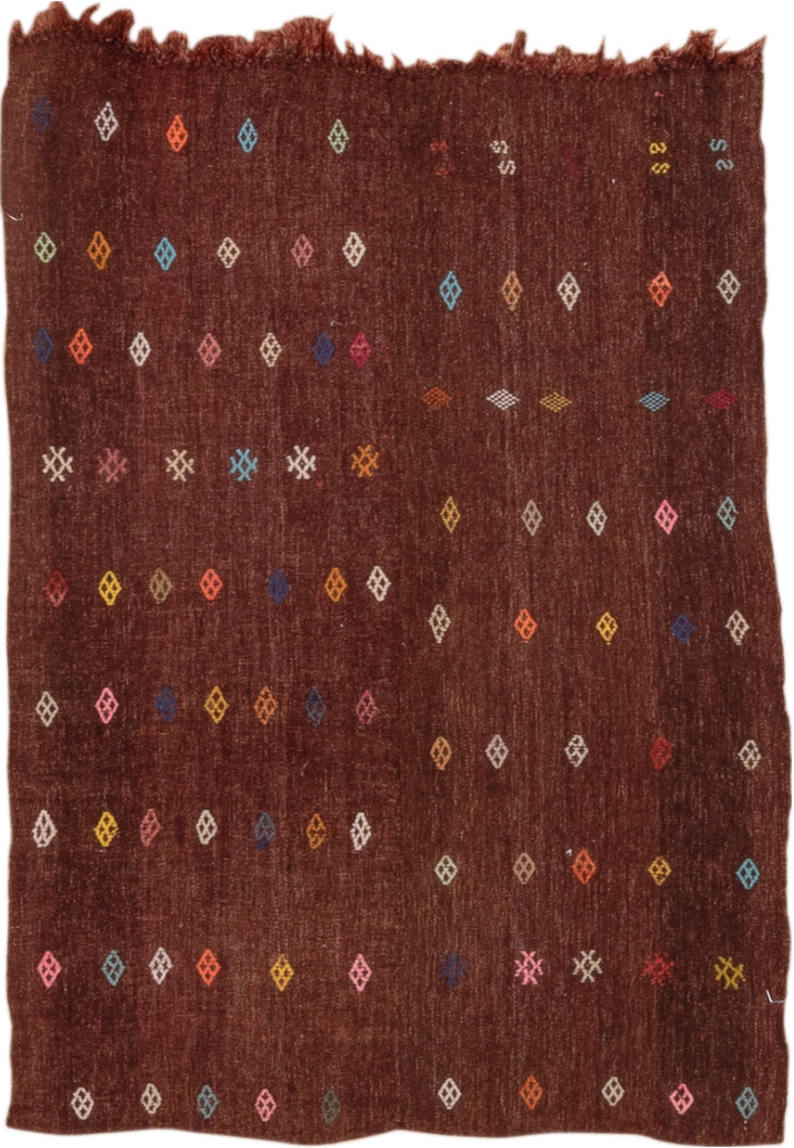 2' x 3' one-of-a-kind handmade vintage Jijim small size rug. Color palette: blue, brown, gray, off-white, pink, red, redwood