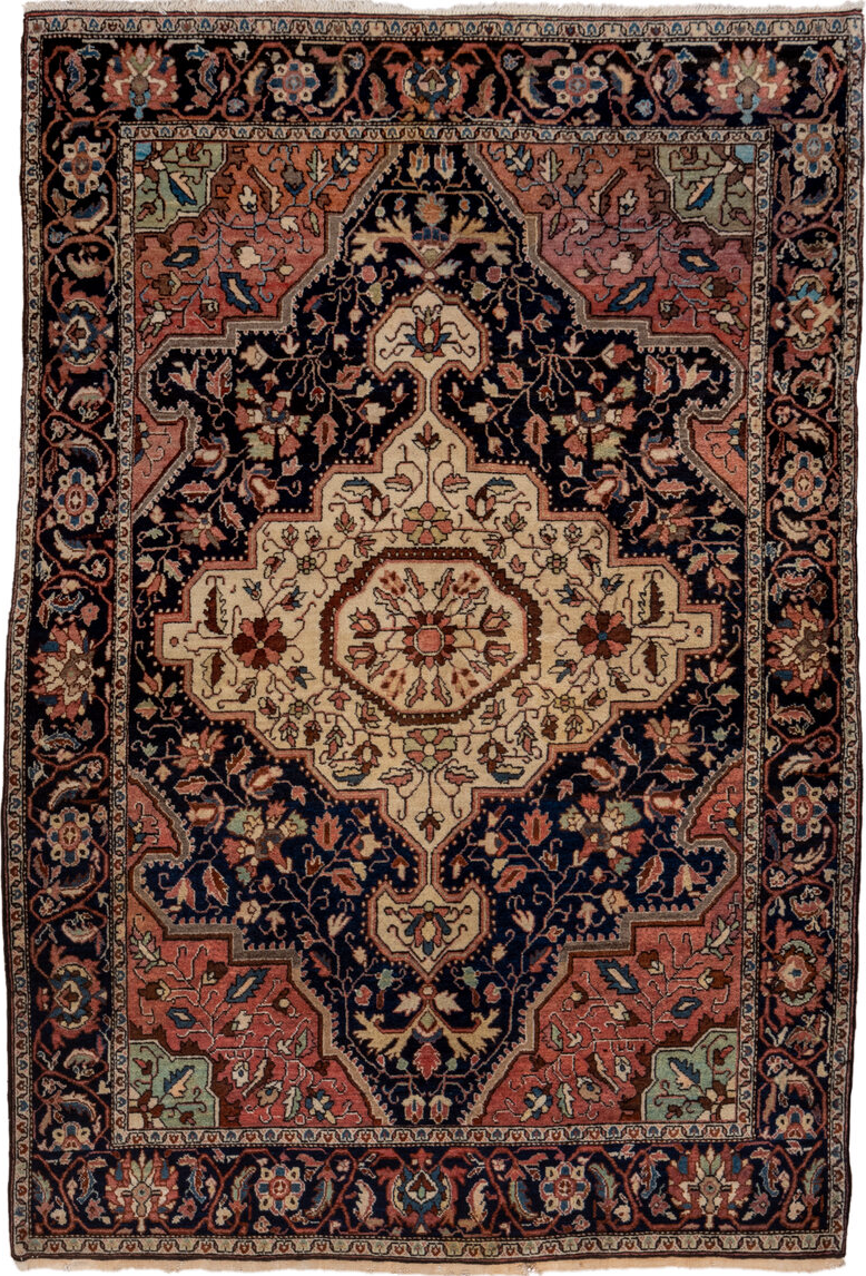 4' x 6' one-of-a-kind handmade vintage Malysarouk small size rug. Color palette: gray, brown, blue, pink, black