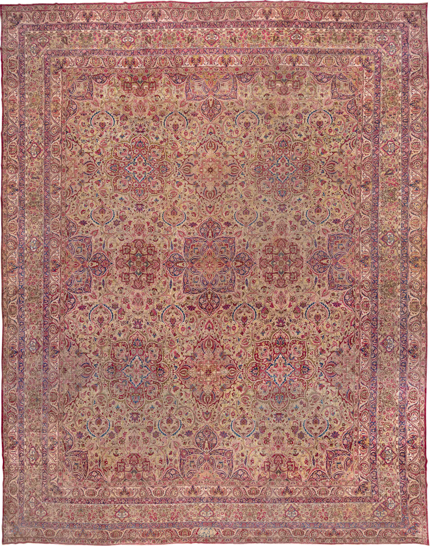 20' x 25' one-of-a-kind handmade vintage Lavar oversize rug. Color palette: blue, brown, gray, off-white, orange, pink, red