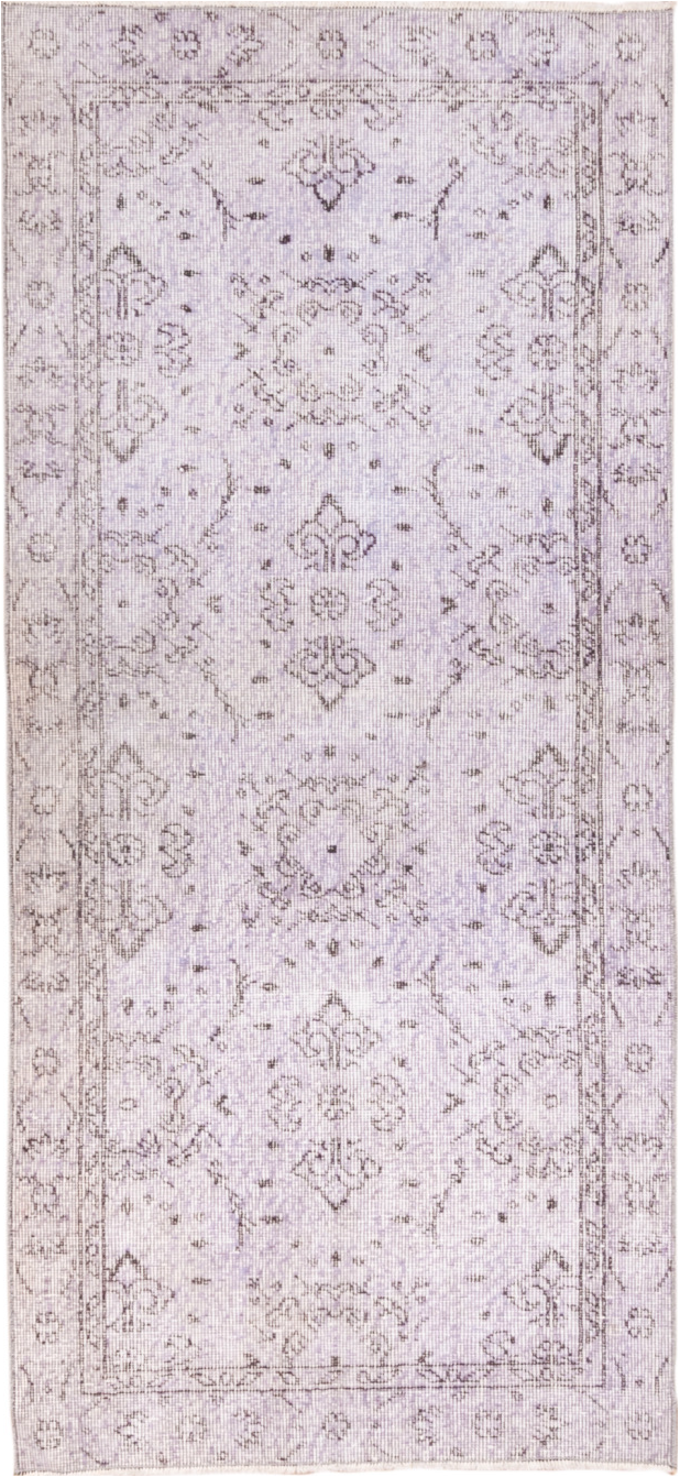 2' x 6' one-of-a-kind handmade vintage Overdyed runner rug. Color palette: gainsboro, gray, lavender blush, light gray