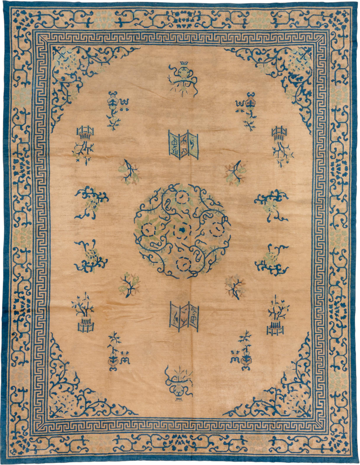 8' x 11' one-of-a-kind handmade vintage Chinese large size rug. Color palette: arapawa, blue, brown, burlywood, dim gray