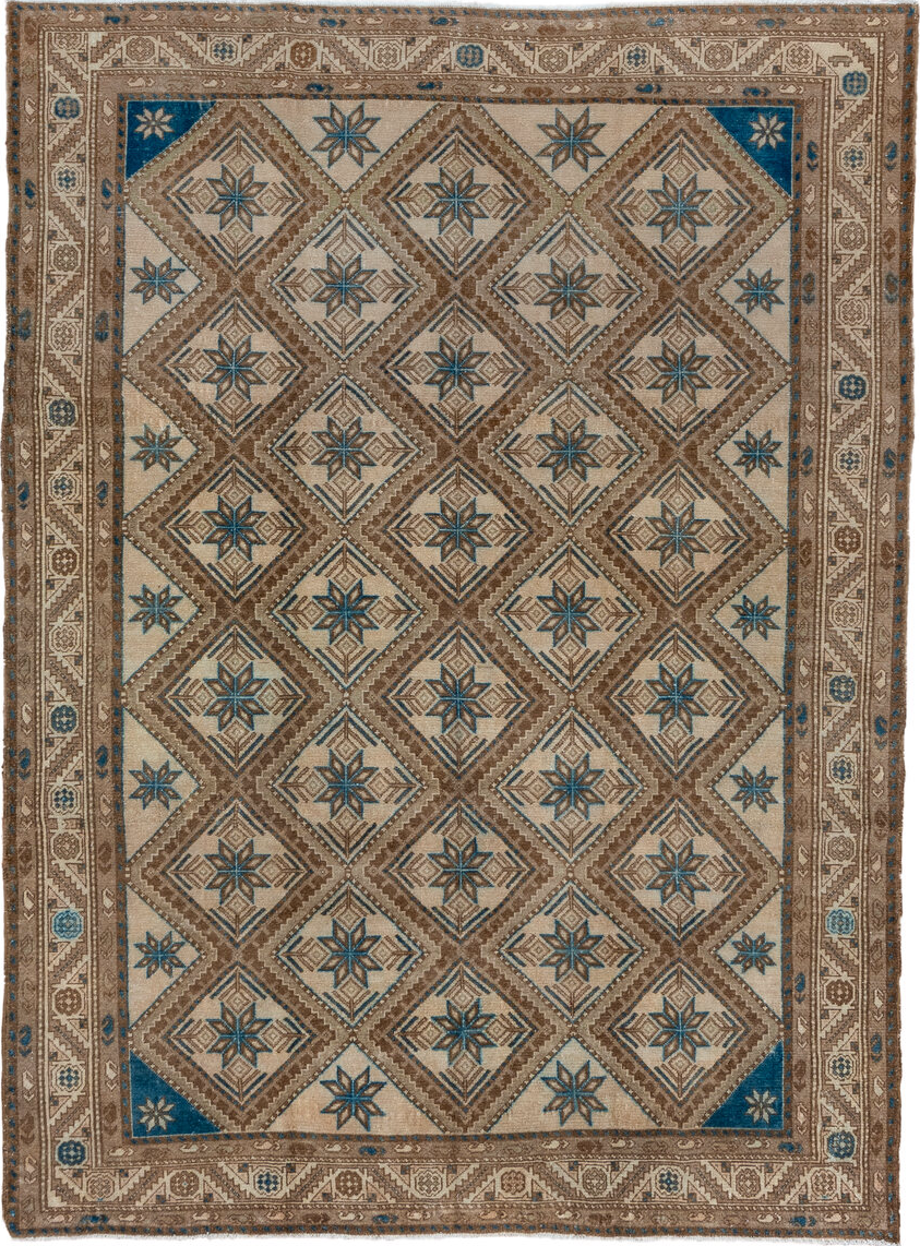7' x 9' one-of-a-kind handmade vintage Malayer rug. Color palette: gray, brown, blue, black, light gray, off-white, charcoal